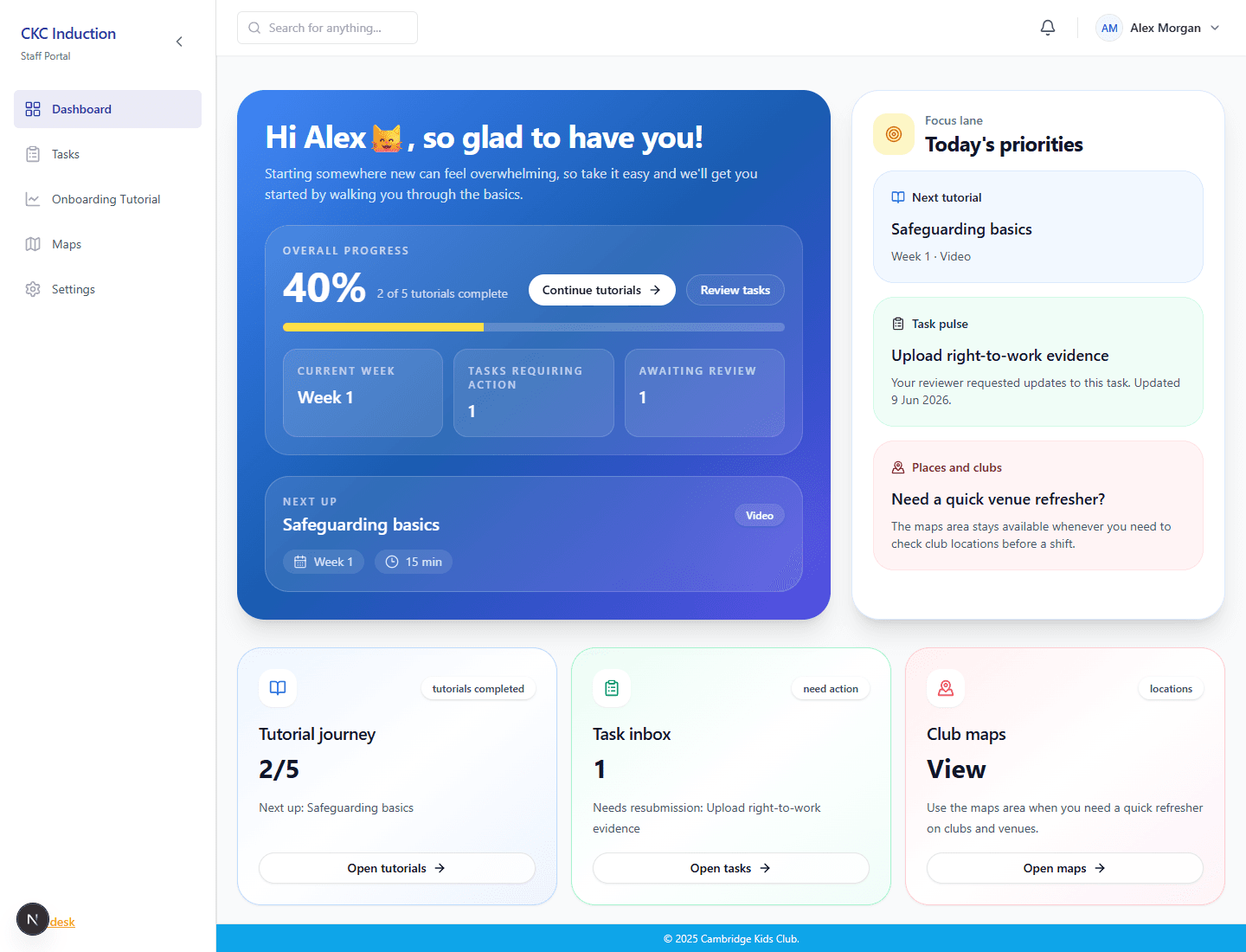 Staff induction dashboard sample screenshot.