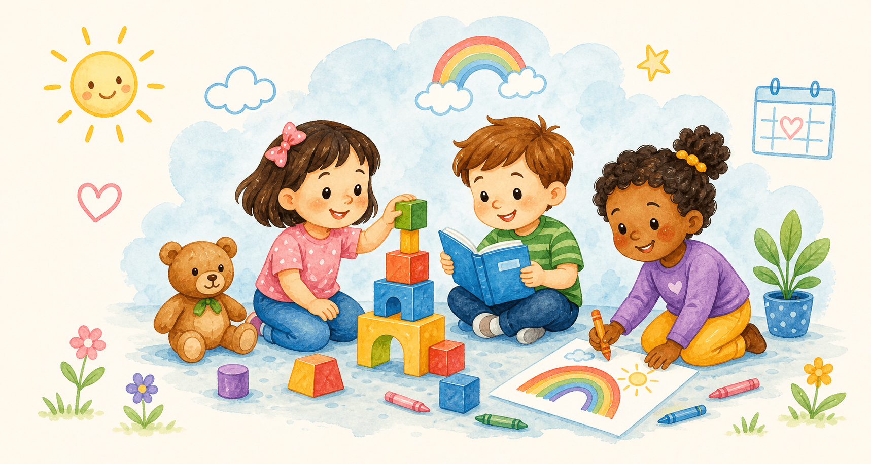 Watercolor illustration of children playing, reading, and drawing.